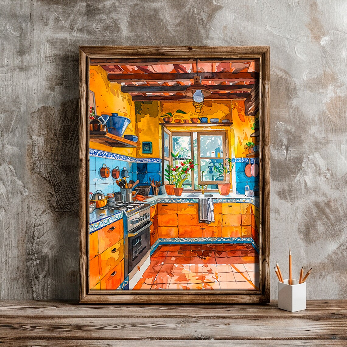 Bright Mexican Kitchen Watercolor Orange Tiles Blue Accents Painting Poster - Image 5
