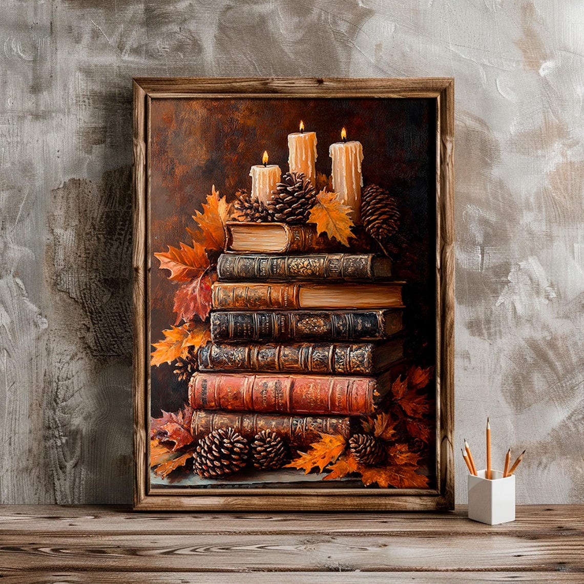 Vintage Books Three Candles Autumn Pinecones Moody Still Life Poster - Image 2