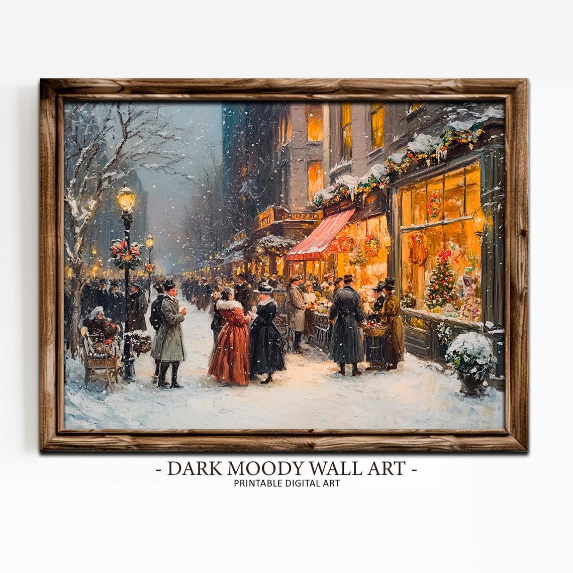 Vintage Christmas Village Wall Art Victorian City Town Street During Christmas Winter Snowy Painting Print