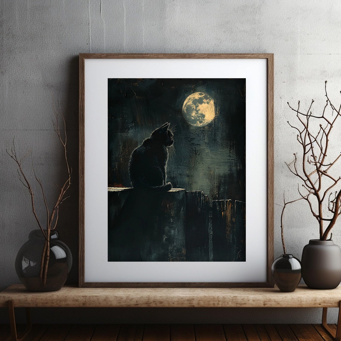 Full Moon Print Moonlight Cat Painting Dark Moody Art Black Background Art - Image 2