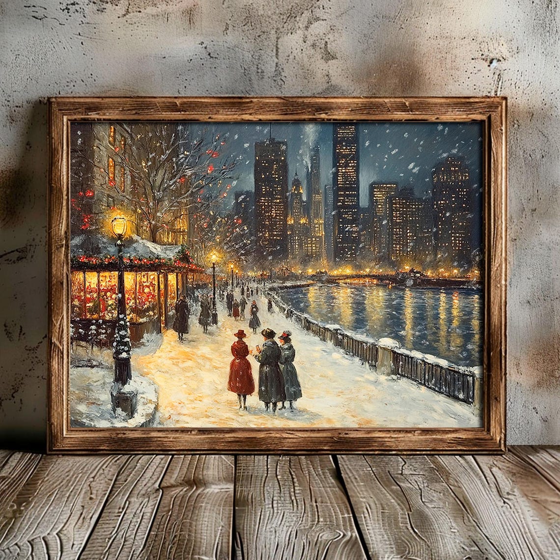 Victorian Riverfront Winter Night Shops Glowing Snow Walk Poster - Image 2