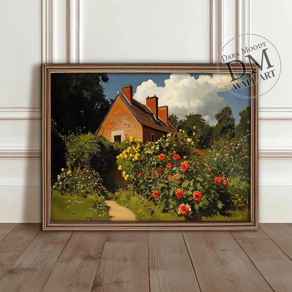 Brick Cottage Rose Garden Painting Blooming Flowers Art Poster