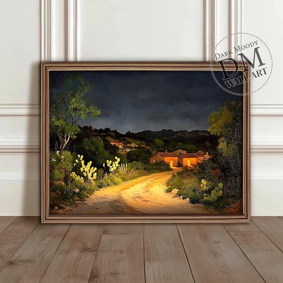 Country Road at Dusk Painting Moody Farmhouse Night Art Poster