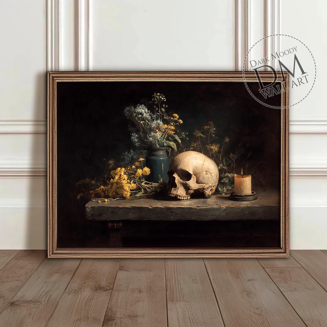 Skull With Wildflowers And Candle Gothic Still Life Dark Wall Art