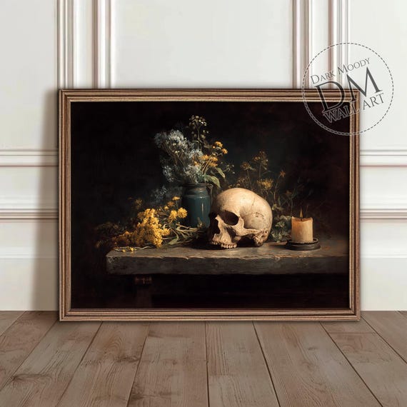 Skull And Candle Wall Art Gothic Still Life With Flowers