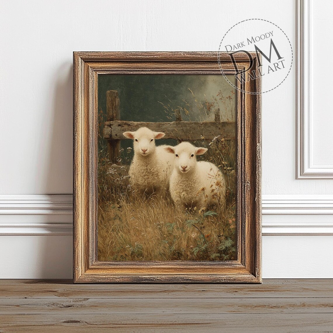 Two Lambs by a Wooden Fence Moody Vintage Oil Painting Style Poster
