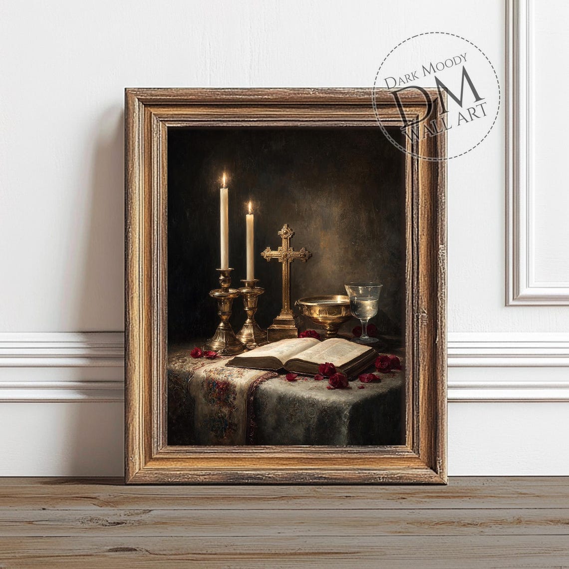 Sacred Altar Still Life Candles Cross Open Bible Roses Dark Poster