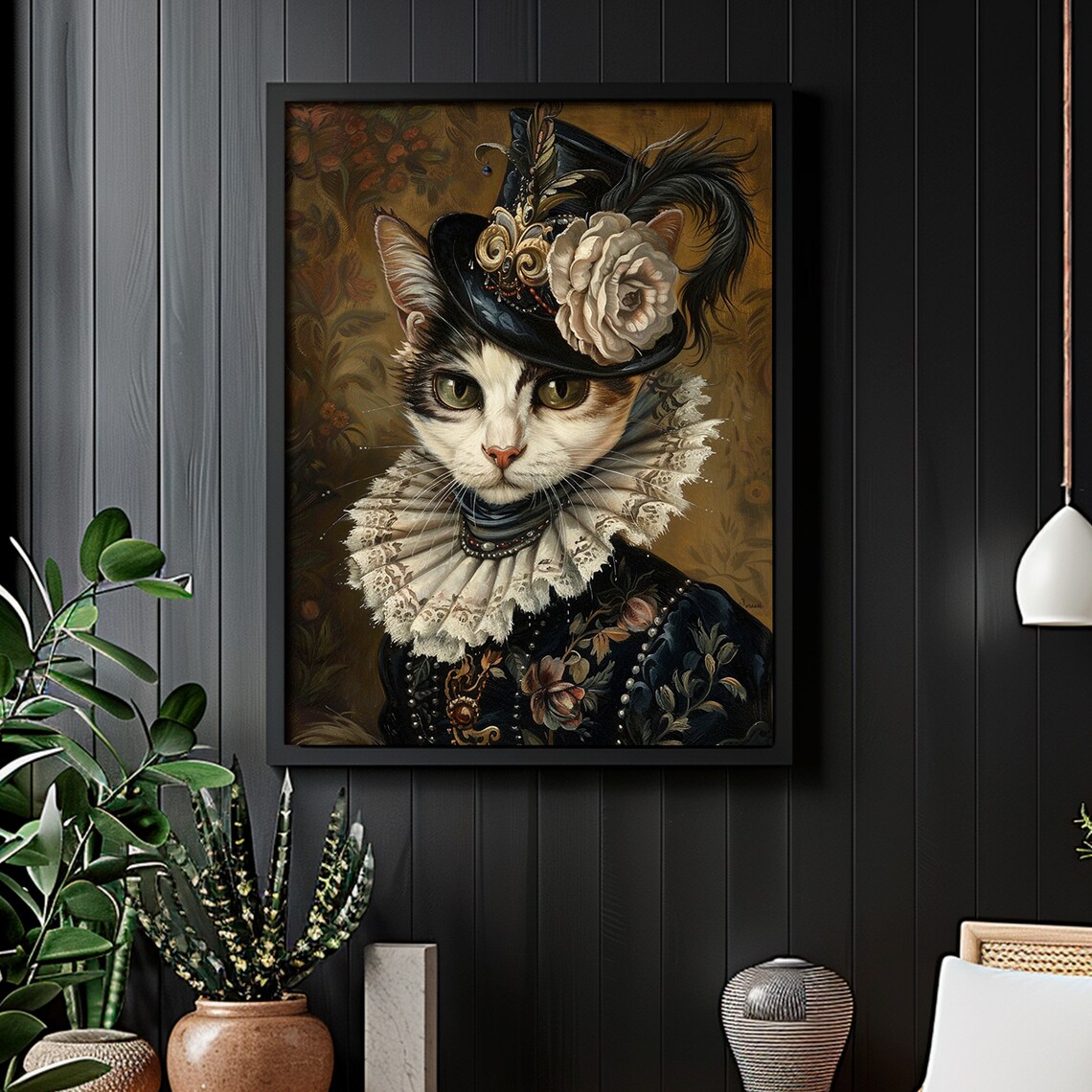 Victorian Cat Portrait Lace Ruff Feathered Hat Painting Poster - Image 6