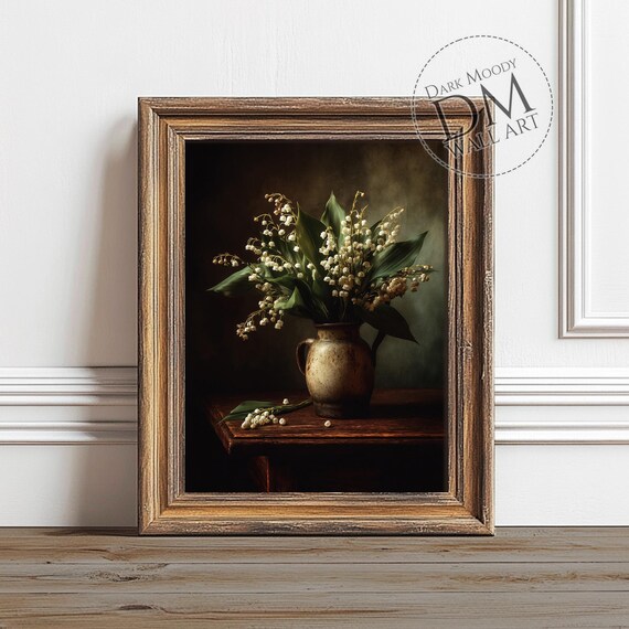 Lily Of The Valley In Rustic Pitcher Dark Moody Floral Poster