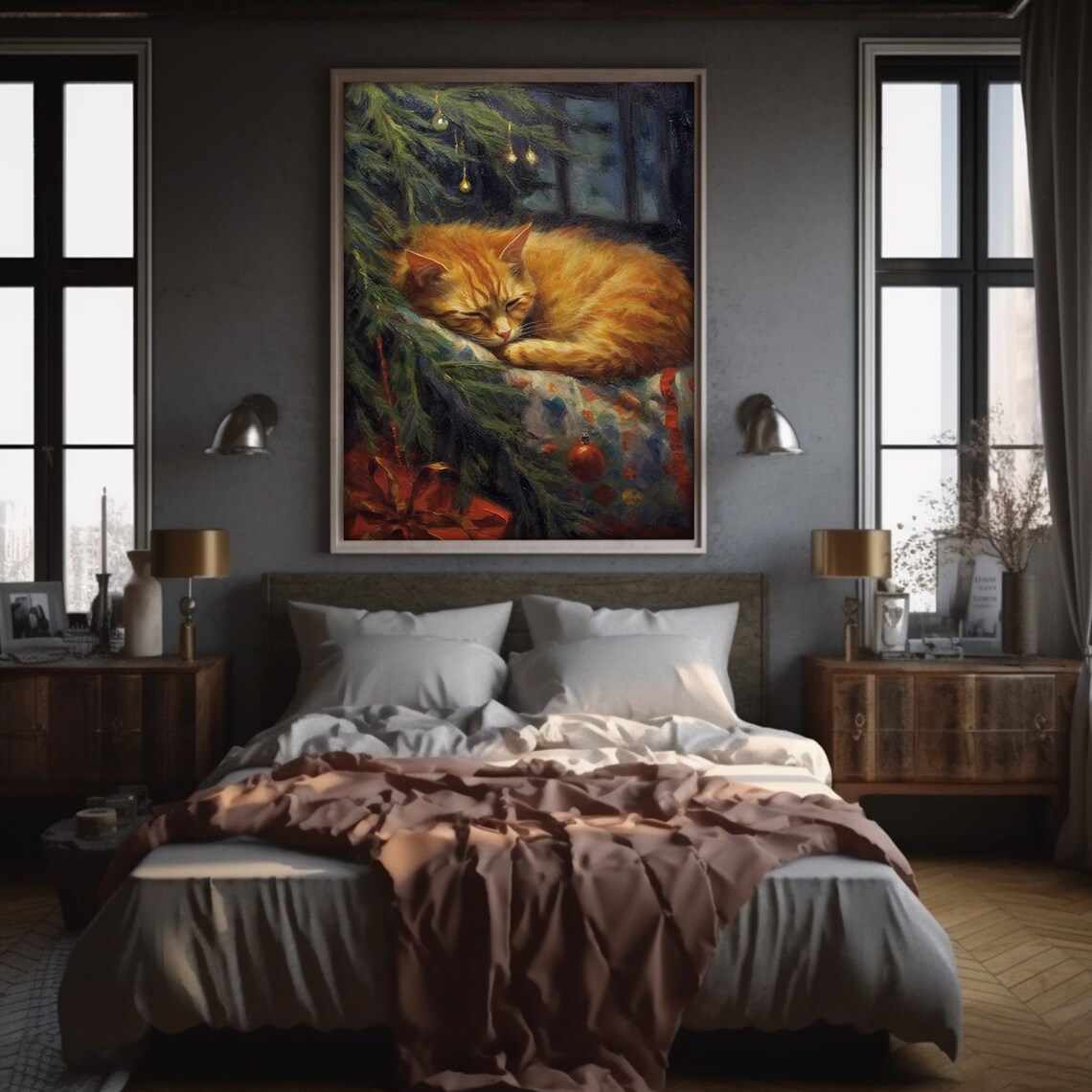 Sleeping Cat Painting, Vintage Christmas Art Print - Image 4