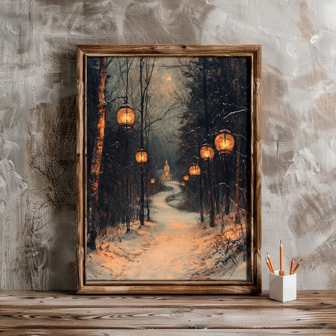 Lantern Lined Snowy Forest Path to Church Winter Night Poster - Image 6
