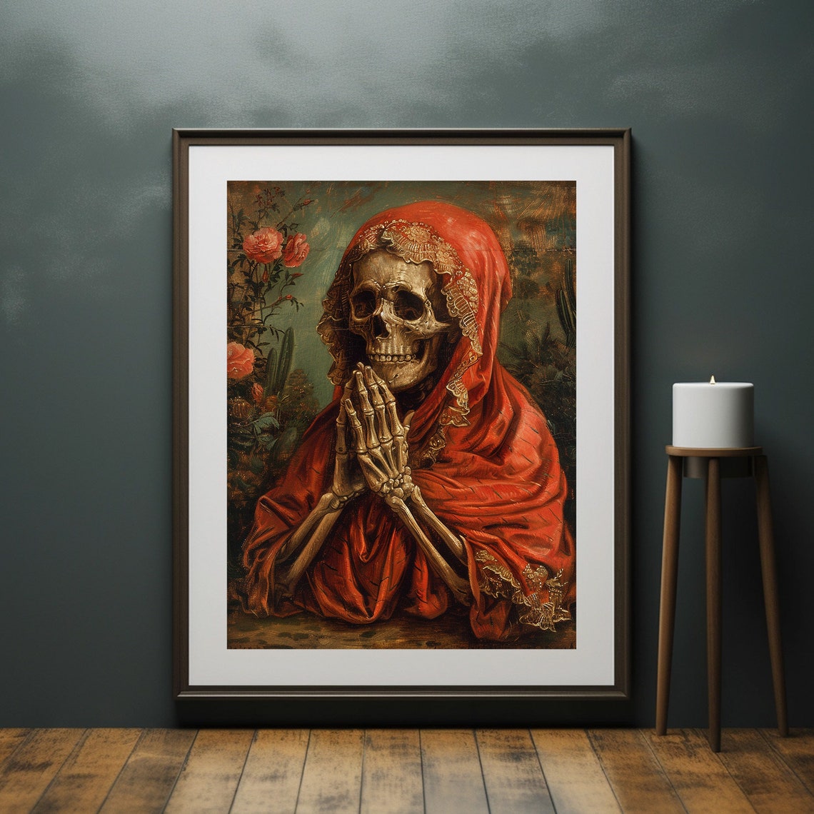 Praying Skeleton Red Shawl Roses Dia de los Muertos Art Poster - Image 6