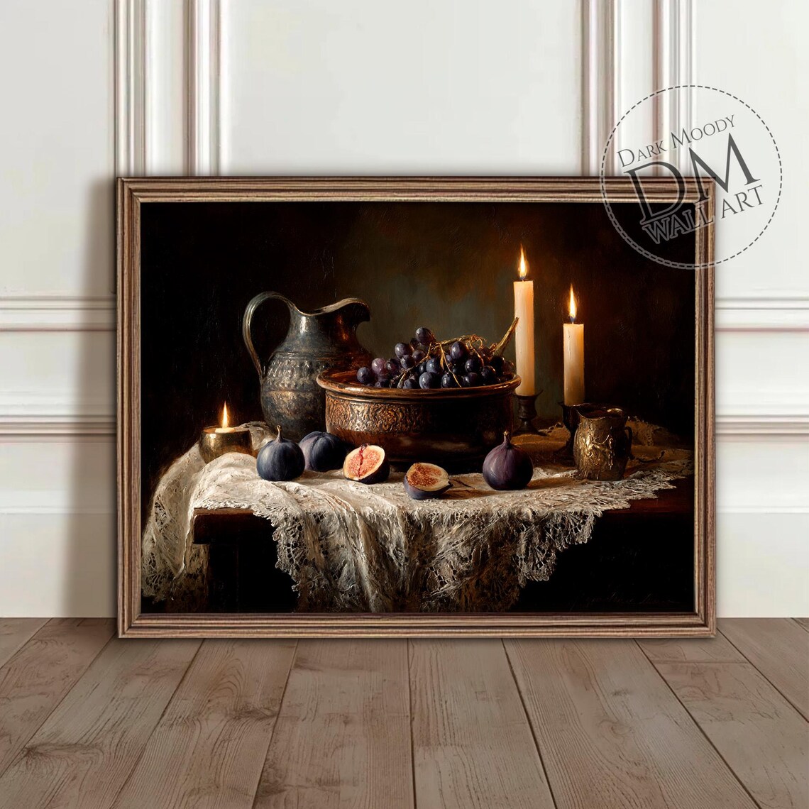 French Wine Still Life, Moody Grapes Fig Kitchen Art Print