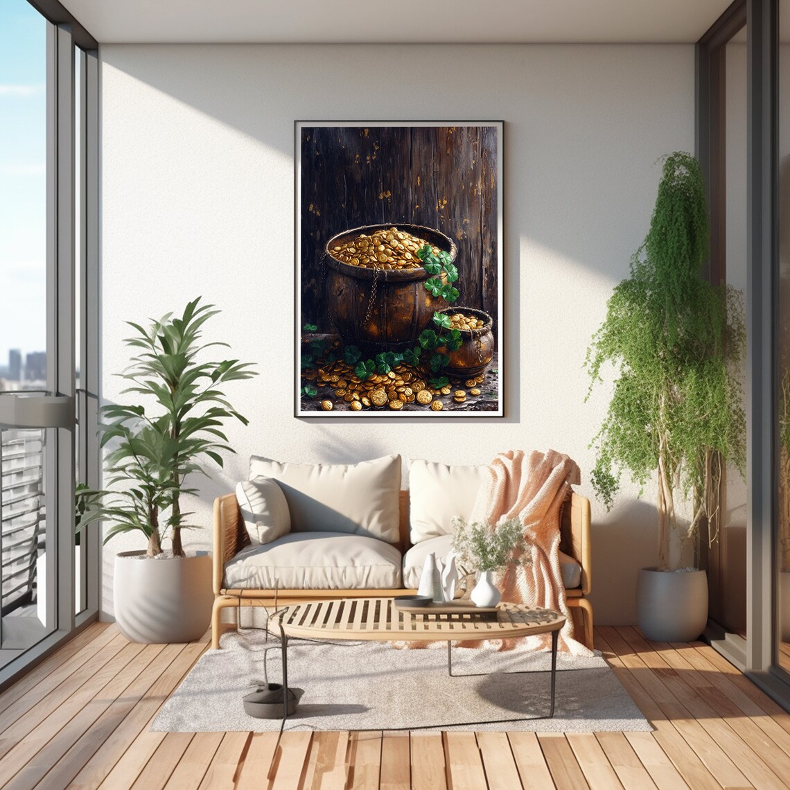 Leprechaun Bucket Of Gold Coins Shamrock Still Life Painting Poster - Image 4