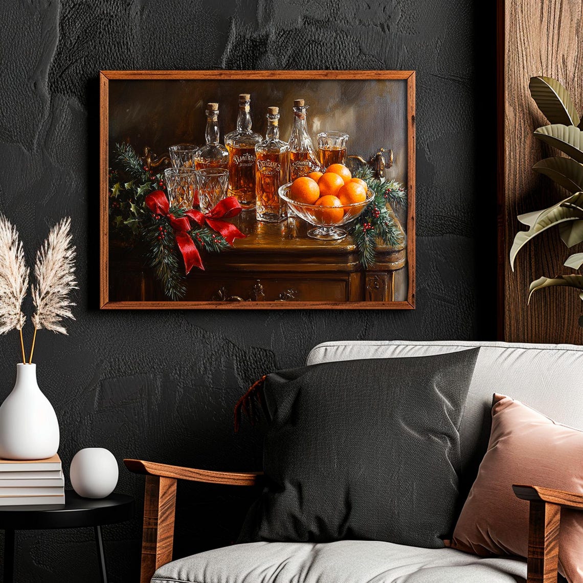 Whiskey Decanters With Oranges and Red Ribbon Holiday Wall Art - Image 2