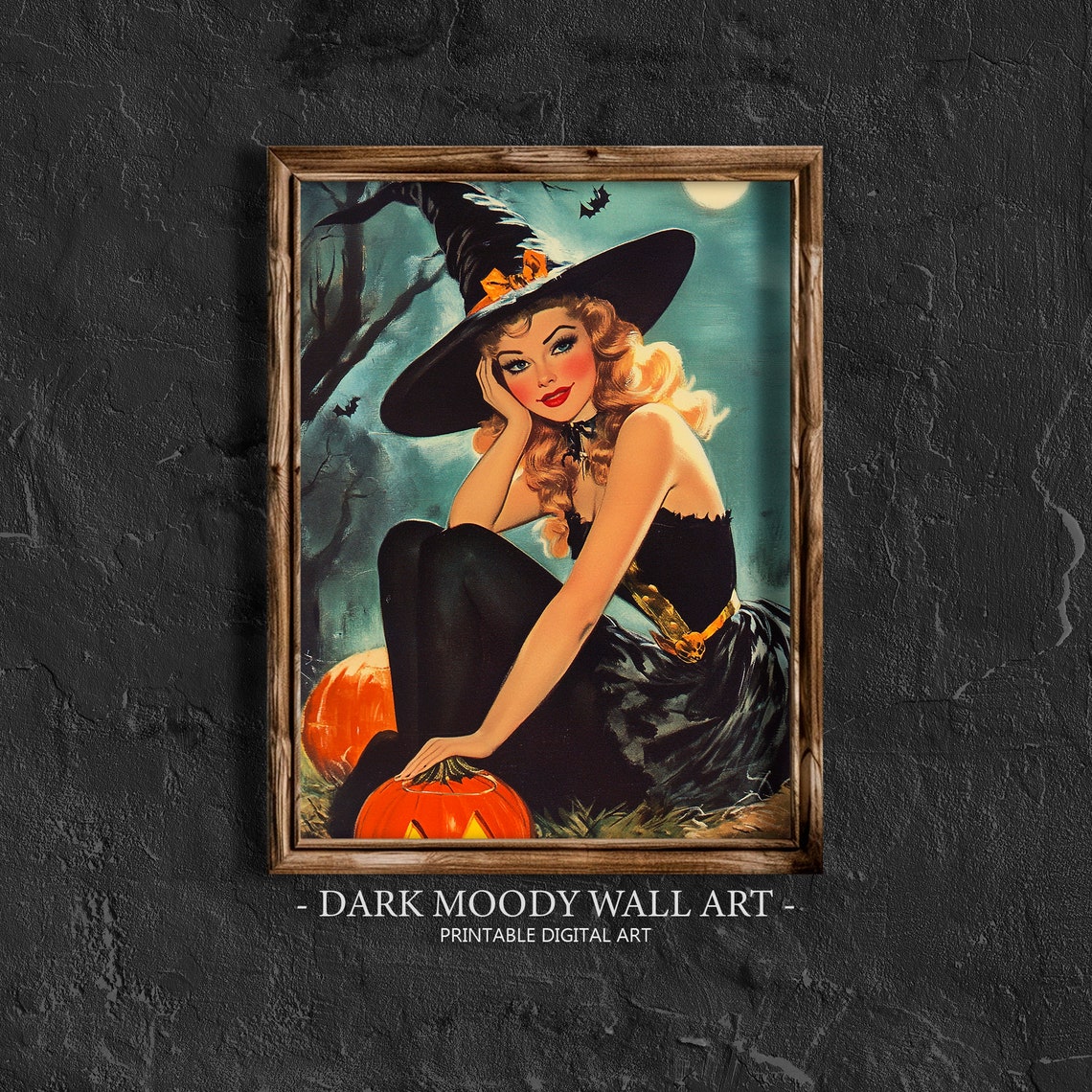 Retro Pinup Witch With Pumpkin Moonlit Halloween Painting Print