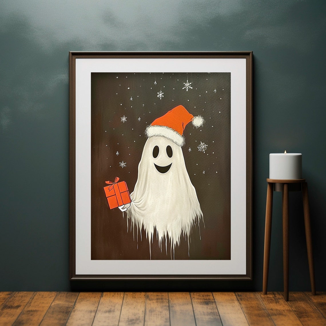 Christmas Ghost Santa Hat Gift Cute Holiday Painting Snowflakes Poster - Image 2
