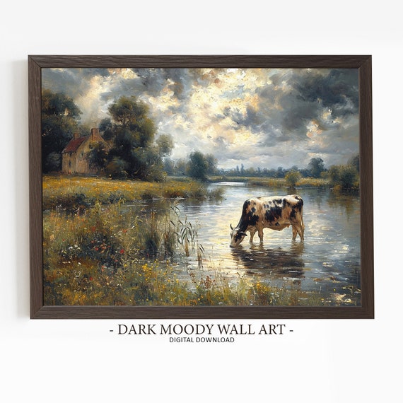 Rustic Cow Painting Vintage Farmhouse Artwork Dark Moody Stormy Landscape Print