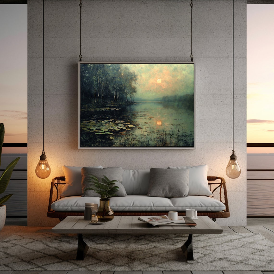 Misty Pond Water Lilies Birch Trees Sunset Glow Landscape Poster - Image 5