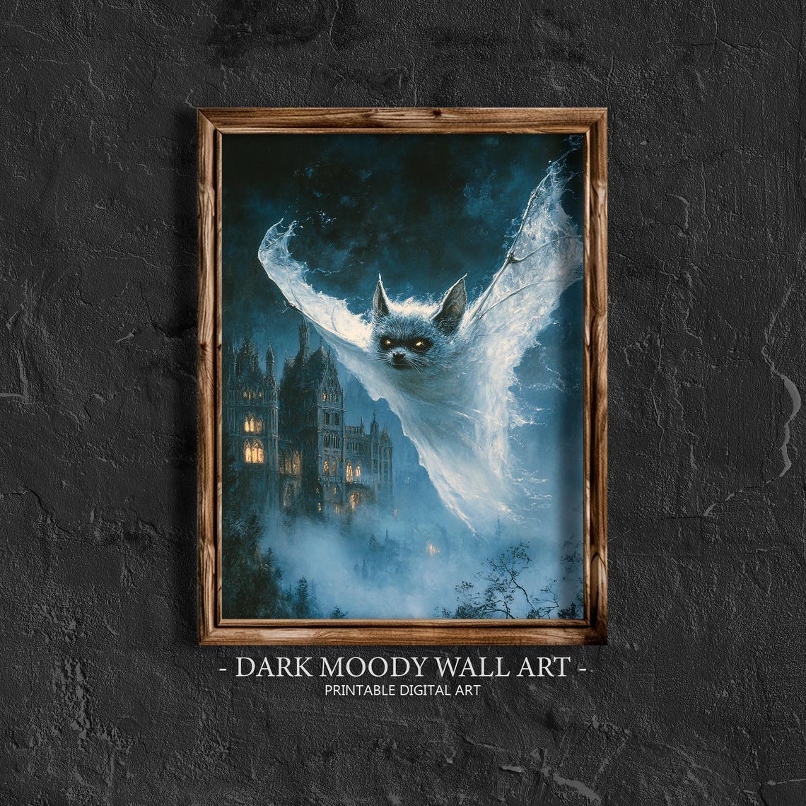 Spectral Blue Ghost Bat Haunted Castle Eerie Night Fantasy Poster