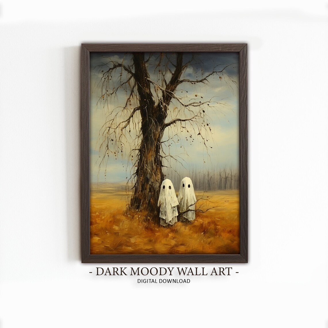 Two Cute Ghosts Under Bare Tree in Golden Autumn Field Halloween Painting Poster