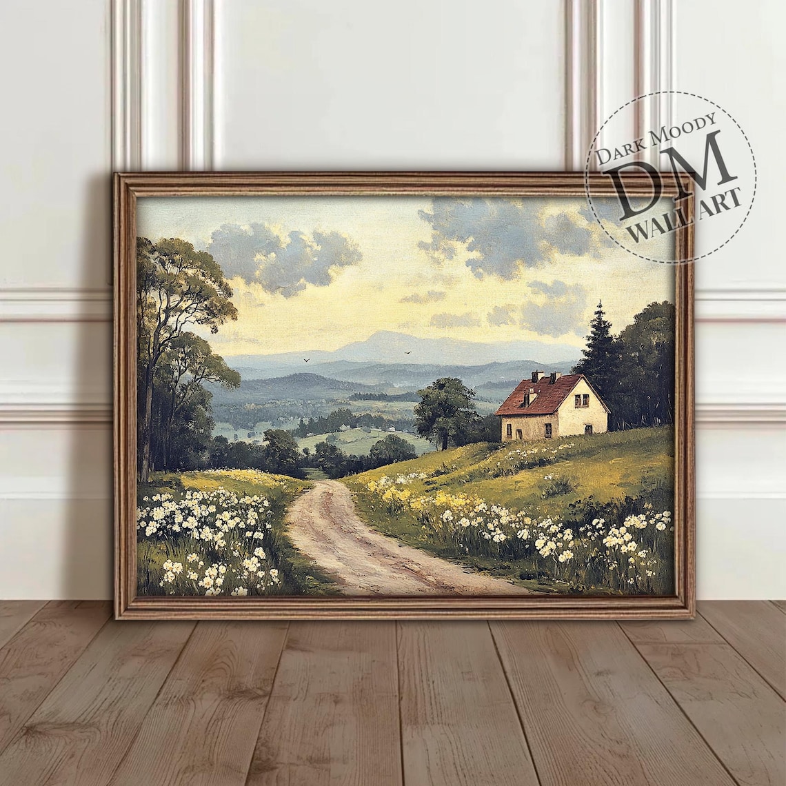 Country Cottage on Hill With Wildflowers Vintage Landscape Poster
