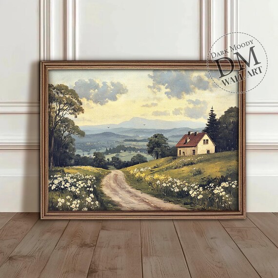Country Cottage on Hill With Wildflowers Vintage Landscape Poster