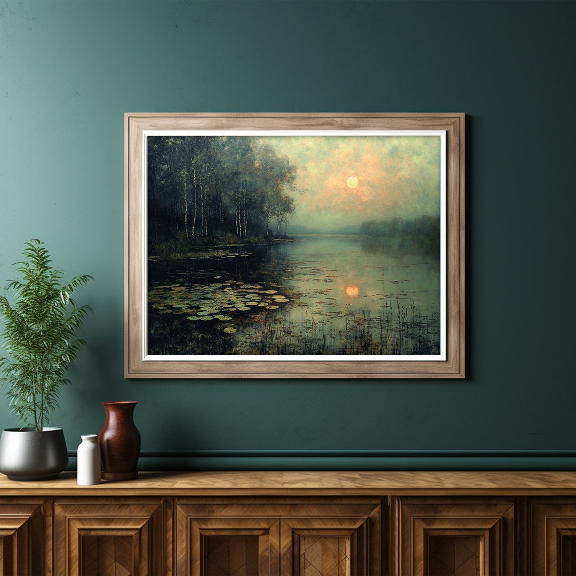 Misty Pond Water Lilies Birch Trees Sunset Glow Landscape Poster - Image 6