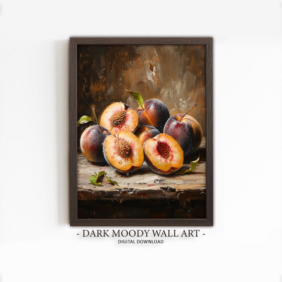 Peach Painting Dark Moody Art Kitchen Fruit Still Life Print Wall Art