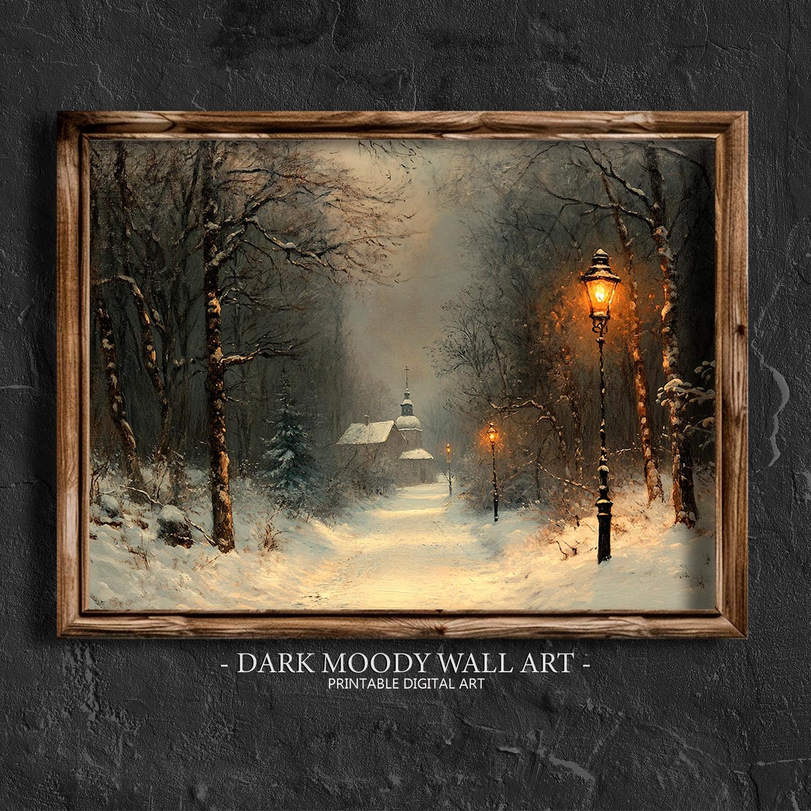 Snowy Lamplit Forest Path to Chapel Winter Night Painting Poster