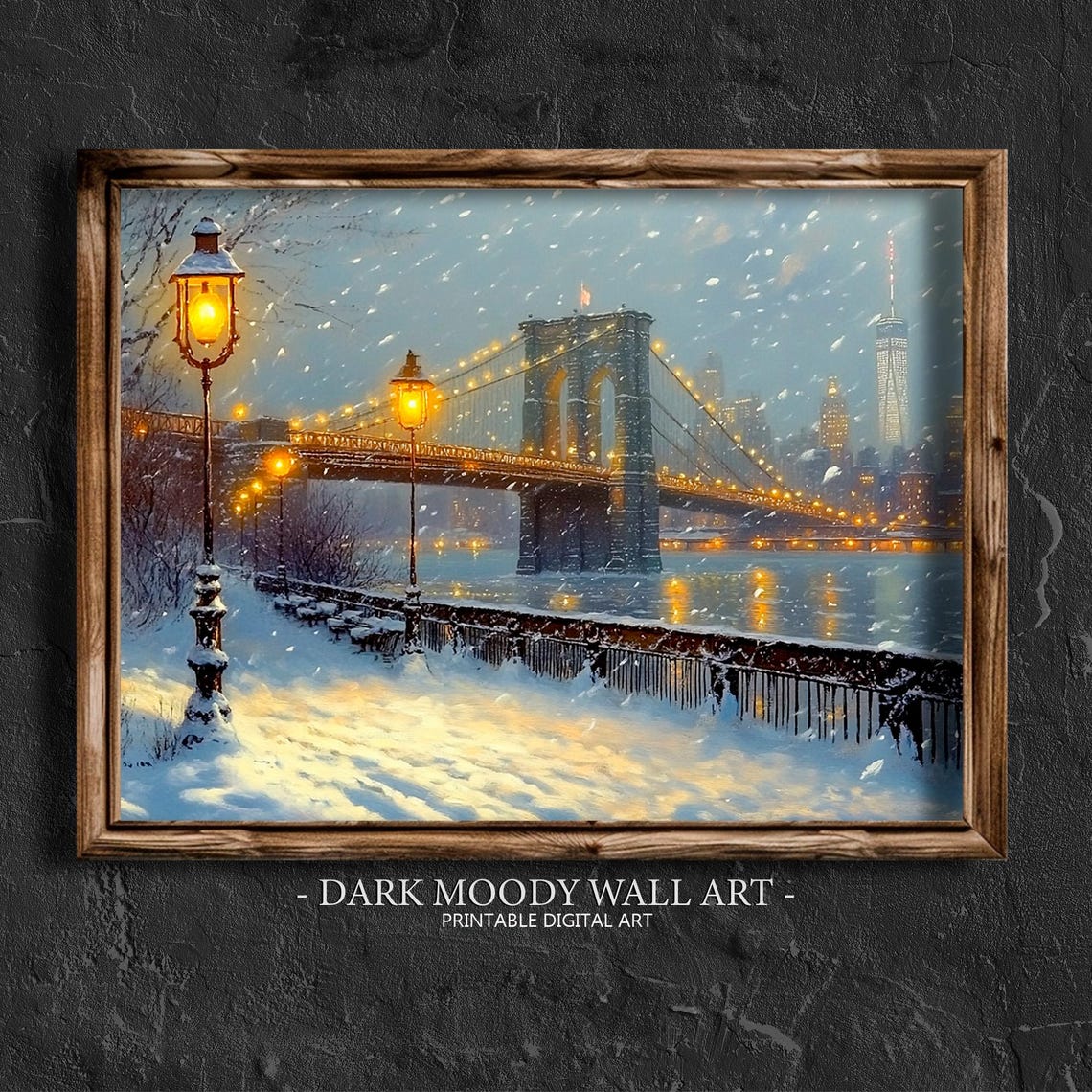 Brooklyn Bridge Snowy Riverside Promenade Winter Dawn Poster