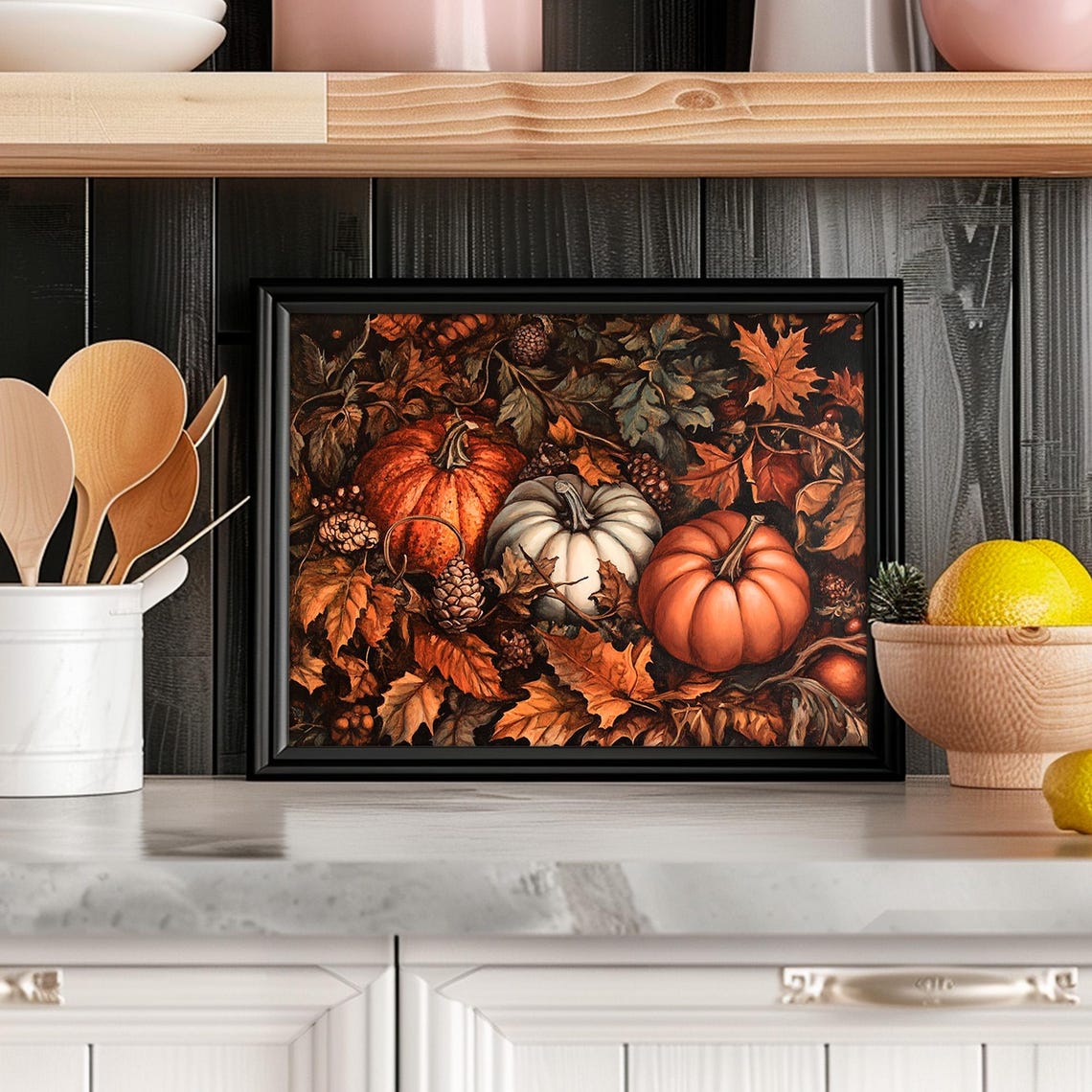Rustic Pumpkins Fall Leaves Harvest Still Life Painting Wall Art - Image 2
