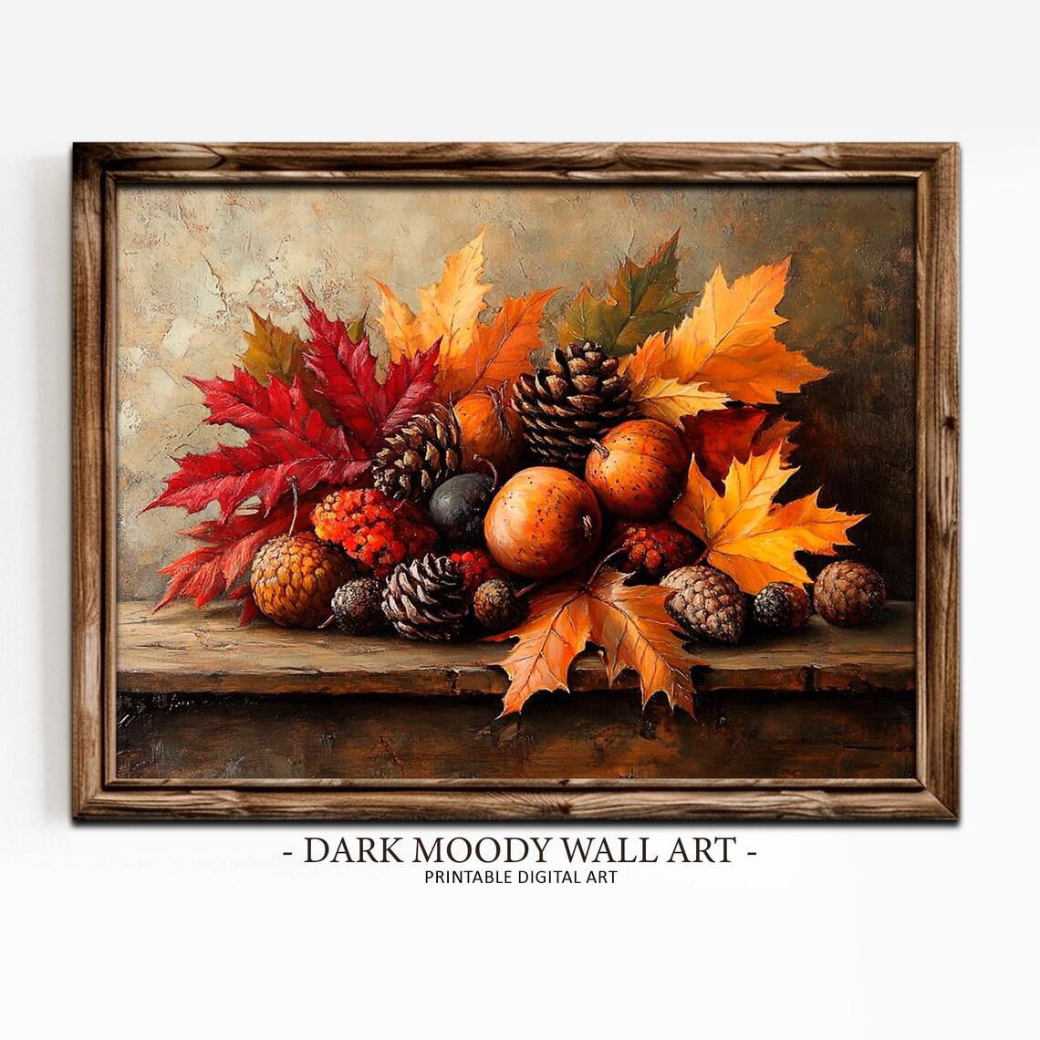 Autumn Still Life Pinecones Berries Maple Leaves Rustic Table Oil Painting Poster - Image 4