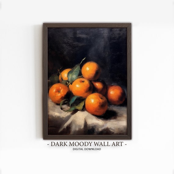 Moody Vintage Kitchen Still Life Wall Art Orange Clementines Rustic Print Farmhouse Decor Oil Painting