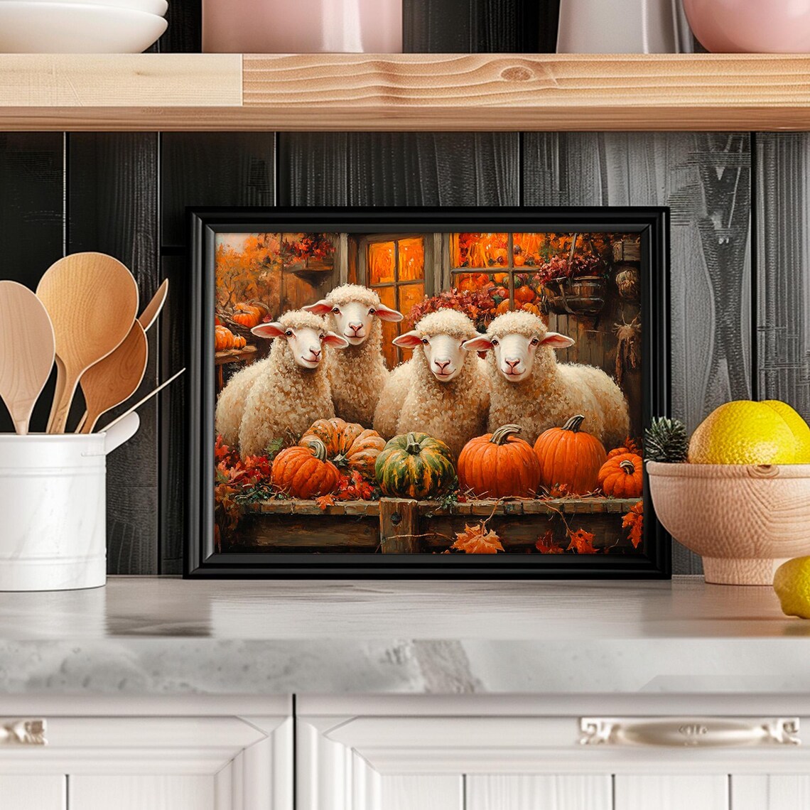 Sheep And Pumpkins Farm Stand Autumn Harvest Painting Wall Art - Image 2