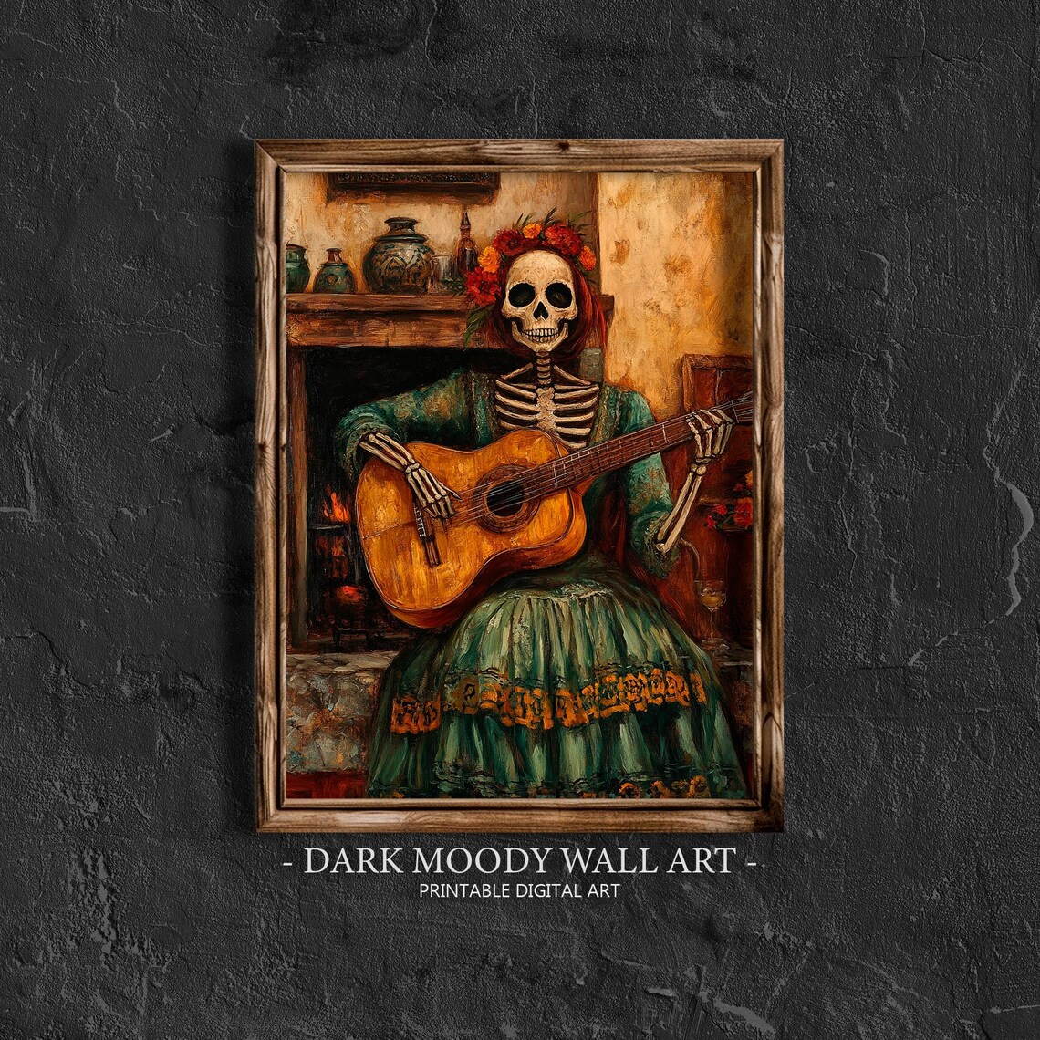 Day of the Dead Skeleton Woman Guitar Fireside Moody Wall Poster