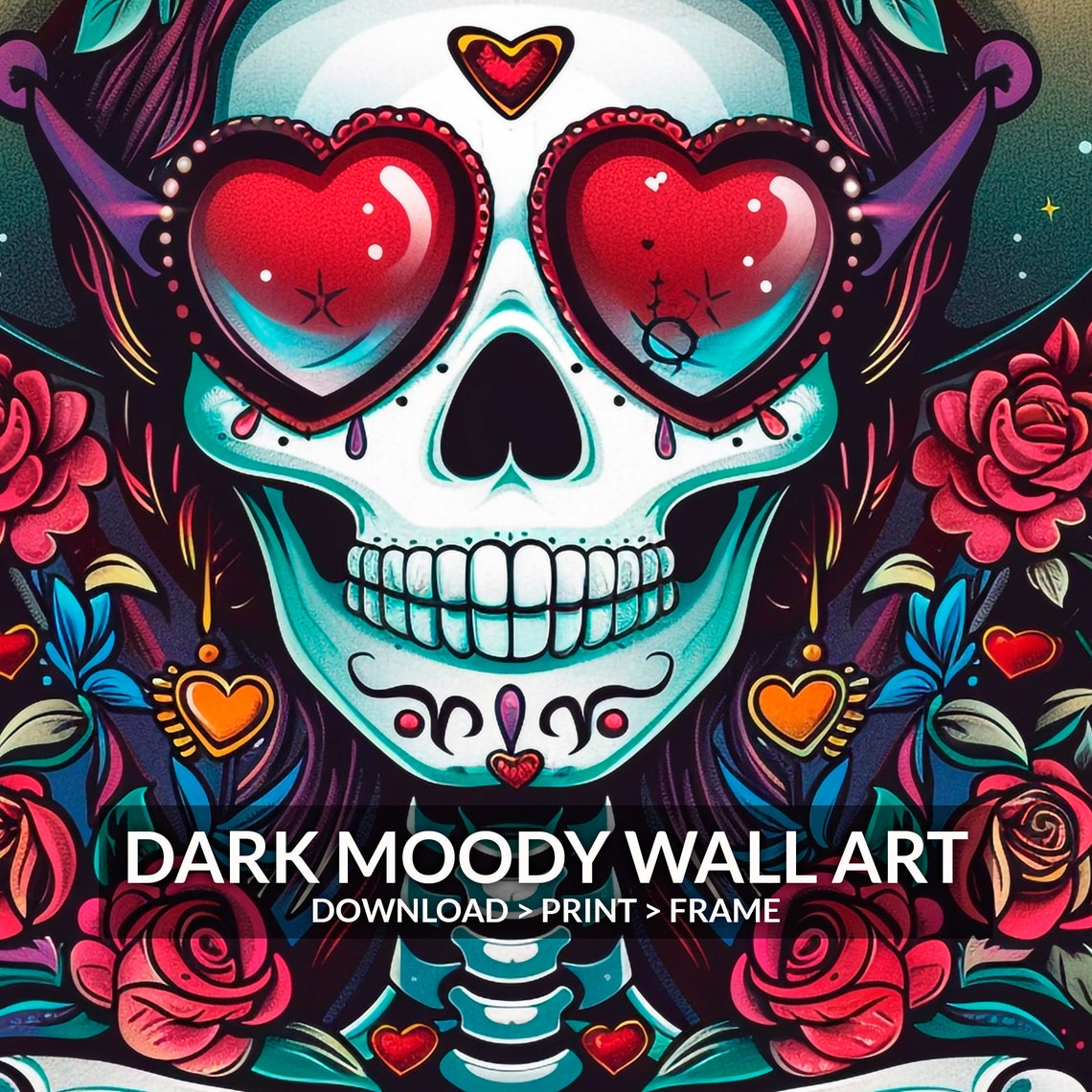 Day Of The Dead Skeleton Woman Heart Sunglasses Mexican Folk Poster - Image 6
