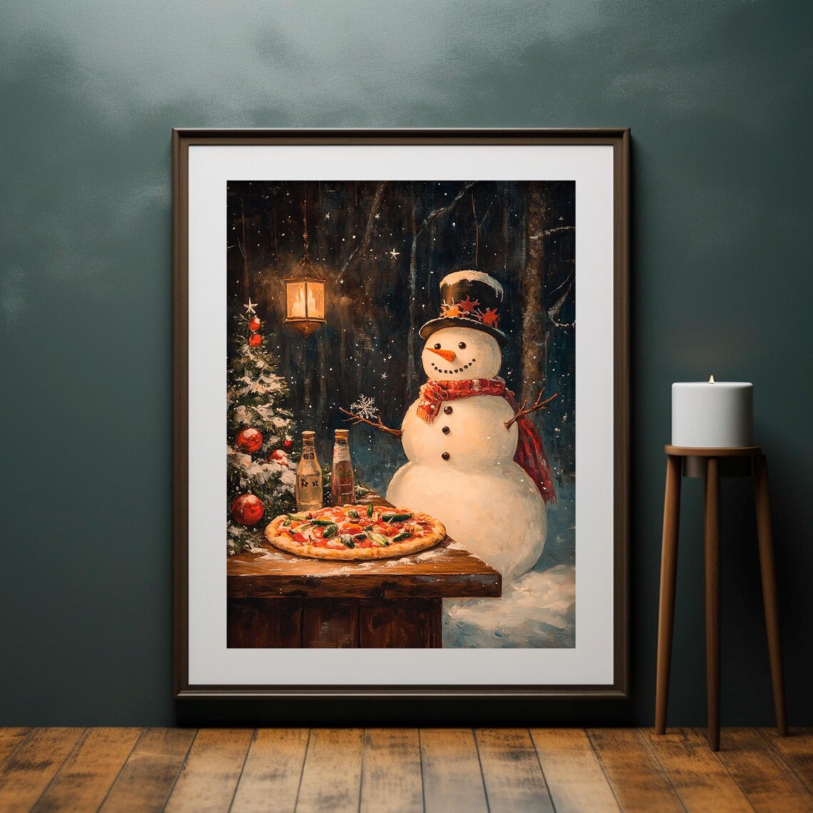 Snowman With Pizza Print, Vintage Christmas Art - Image 4