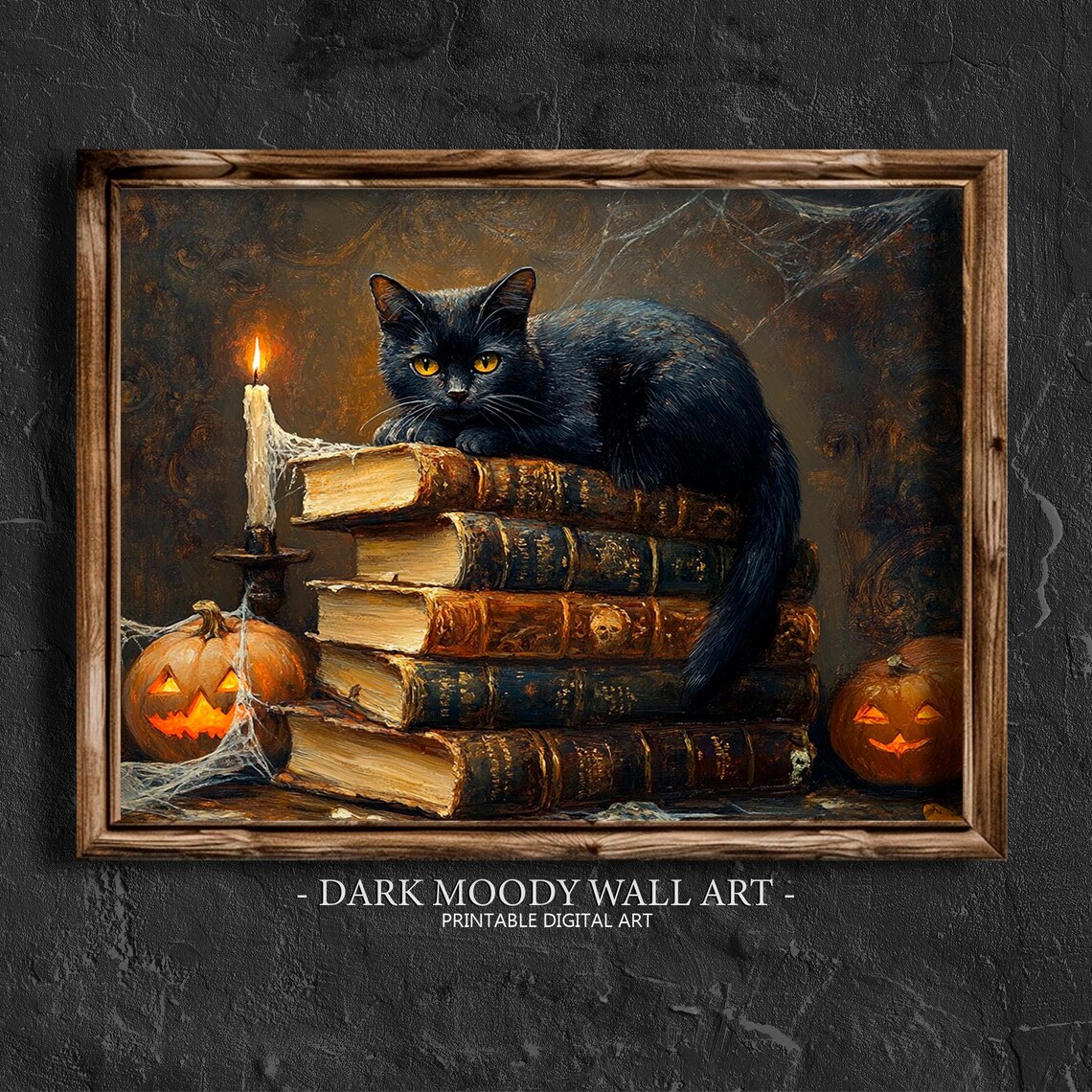 Black Cat Vintage Halloween Art Print, Dark Academia