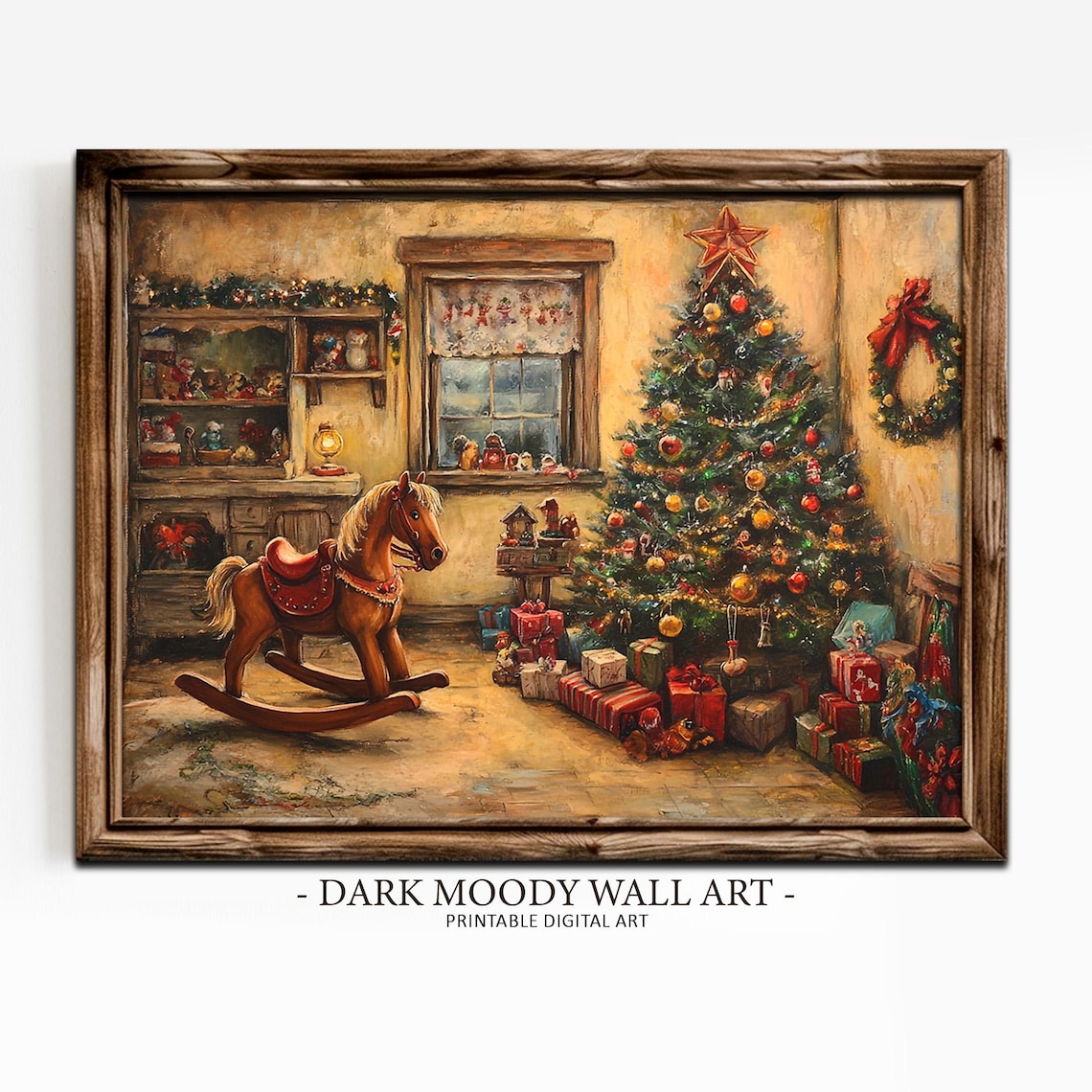 Vintage Christmas Living Room Rocking Horse Tree Gifts Poster