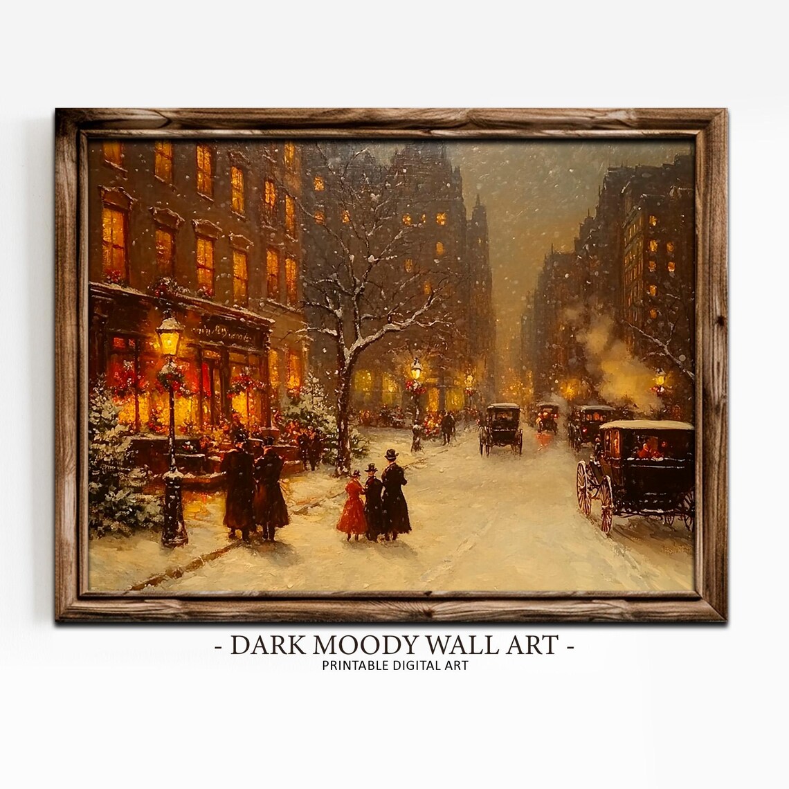 Victorian Snowy Street Carriages Pedestrians Winter Eve Poster - Image 4