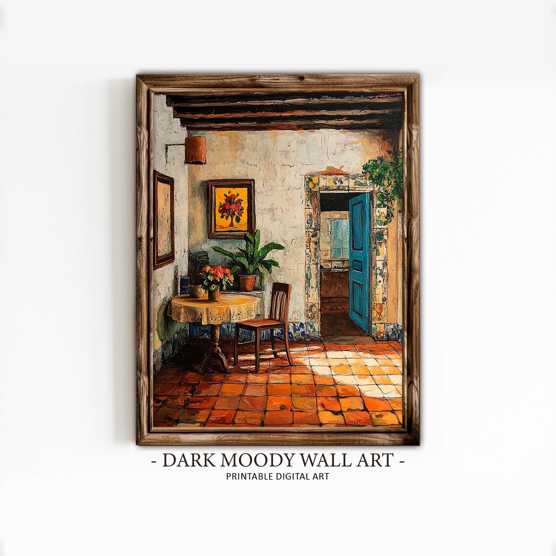 Rustic Mexican Courtyard Blue Door Terracotta Tile Mediterranean Poster