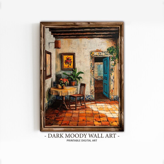 Rustic Mexican Courtyard Blue Door Terracotta Tile Mediterranean Poster