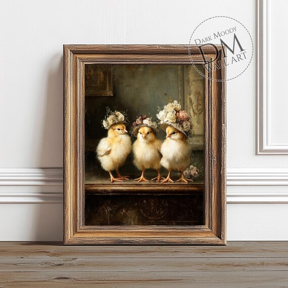 Chicks In Floral Hats Wall Art Vintage Easter Spring Animal Print