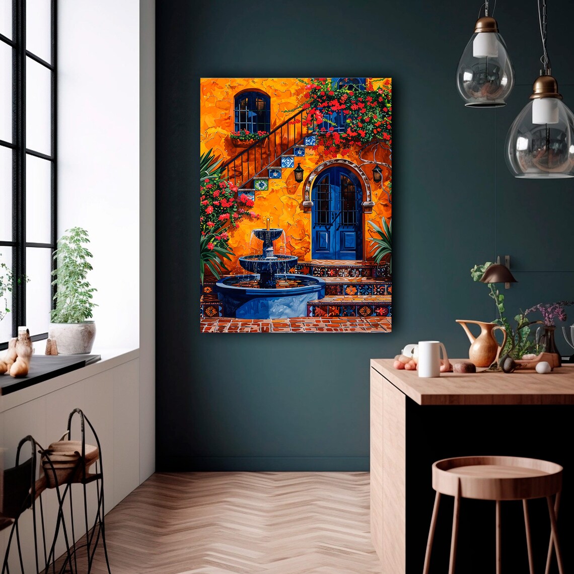 Mexican Courtyard Blue Fountain Orange Wall Stairs Bougainvillea Art Print - Image 5
