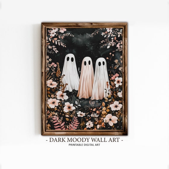Cute Ghosts In Flower Woods Print Romantic Dark Academia Moody Cottagecore Spooky Decor Vintage Poster Gothic Painting Haunting Ghost