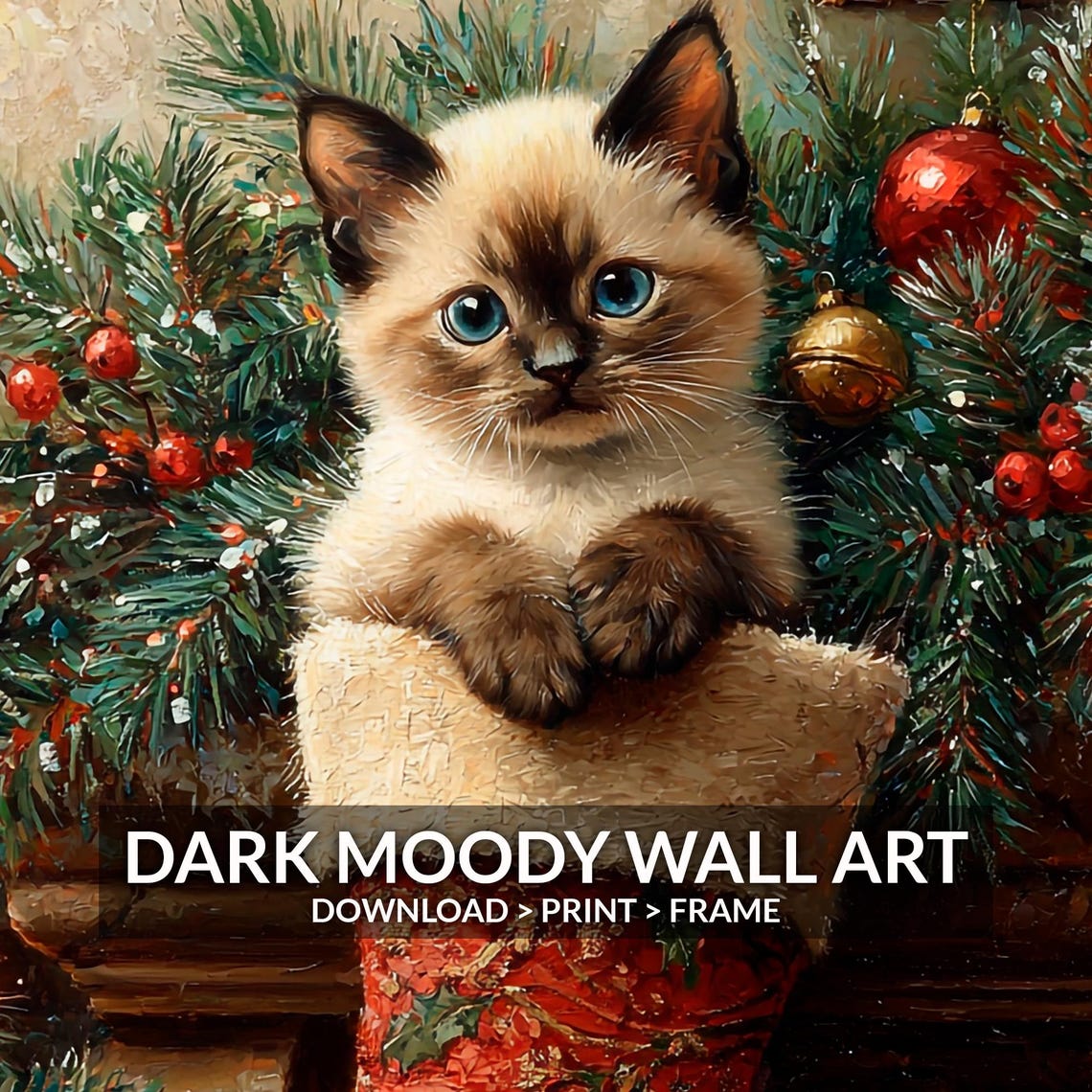 Siamese Kitten in Christmas Stocking Vintage Holiday Wall Art - Image 6