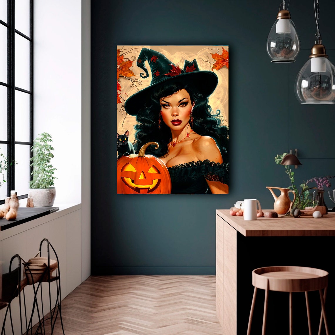 Vintage Pin Up Witch Pumpkin Black Cat Autumn Retro Art Poster - Image 2