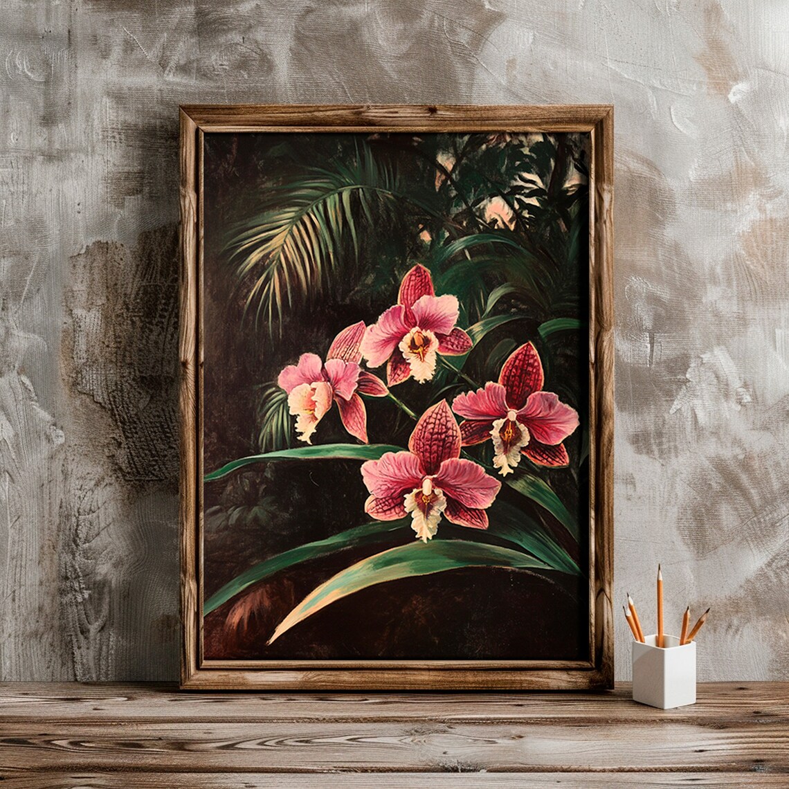 Pink Orchid Blooms Dark Jungle Botanical Painting Decor Poster - Image 2