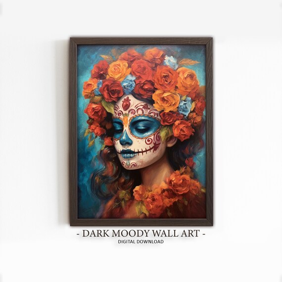 Catrina Marigold Crown Blue Background Day of Dead Art Poster